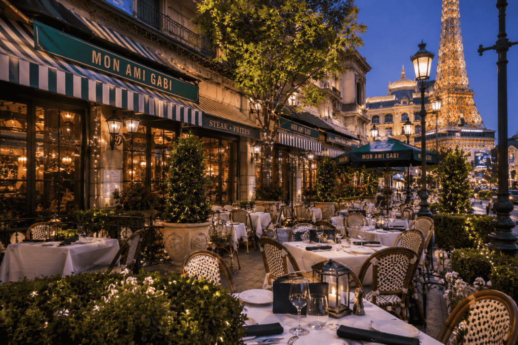 Patio seating at Mon Ami Gabi on the Las Vegas Strip
